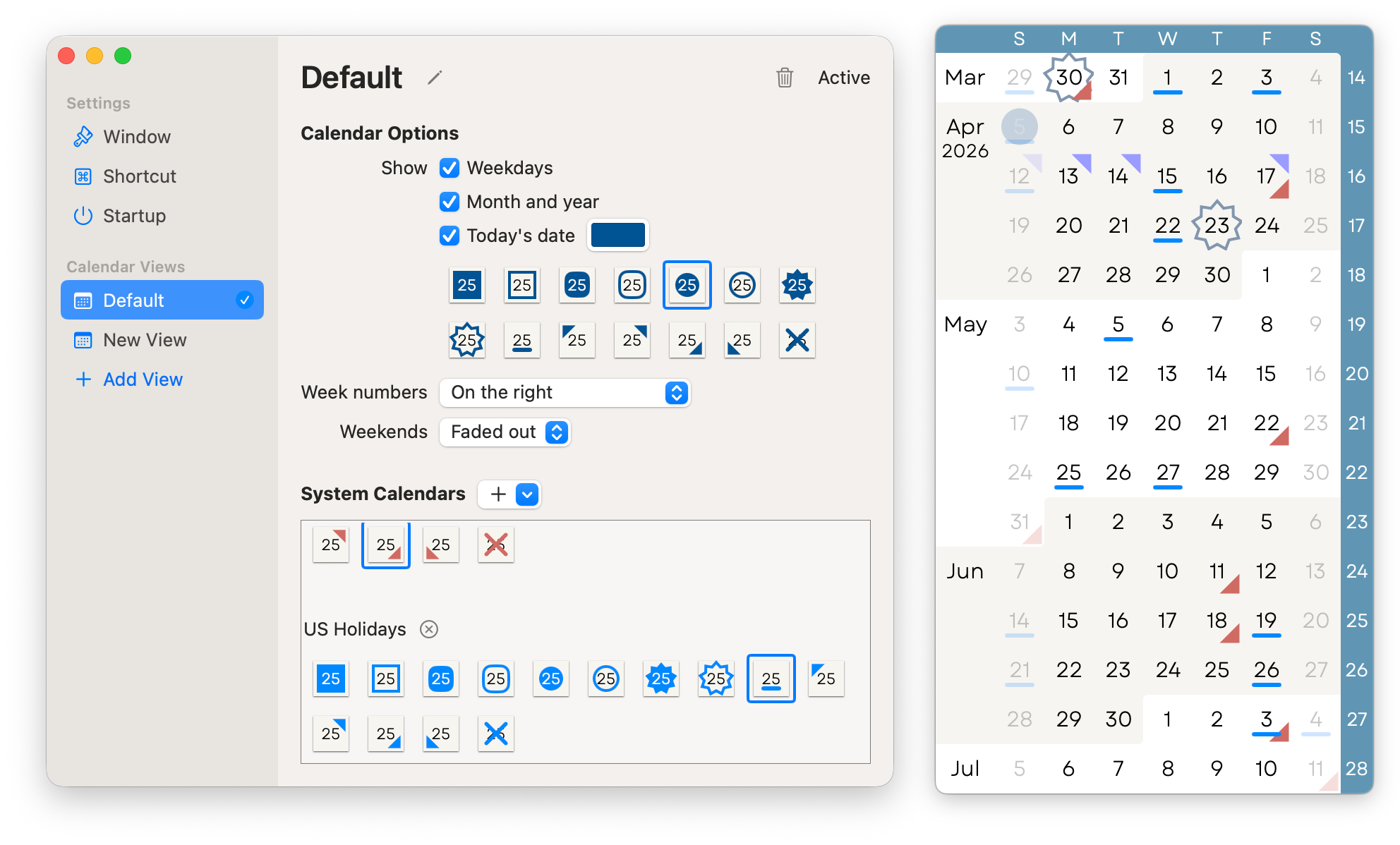 3MC Settings window, with the default calendar view selected, and two other views configured