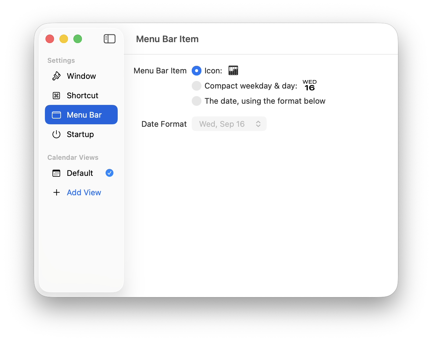 Screenshot of 3MC’s menu bar settings