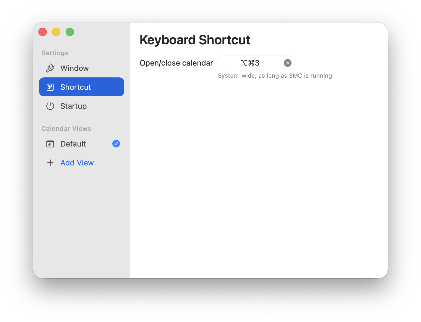 Screenshot of 3MC’s keyboard shortcut window settings