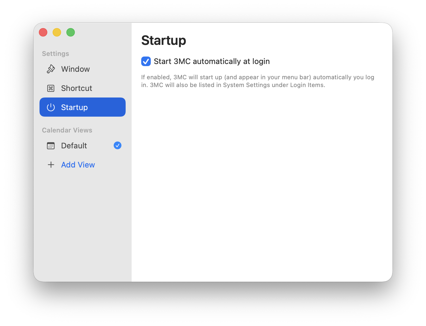 Screenshot of 3MC’s startup settings