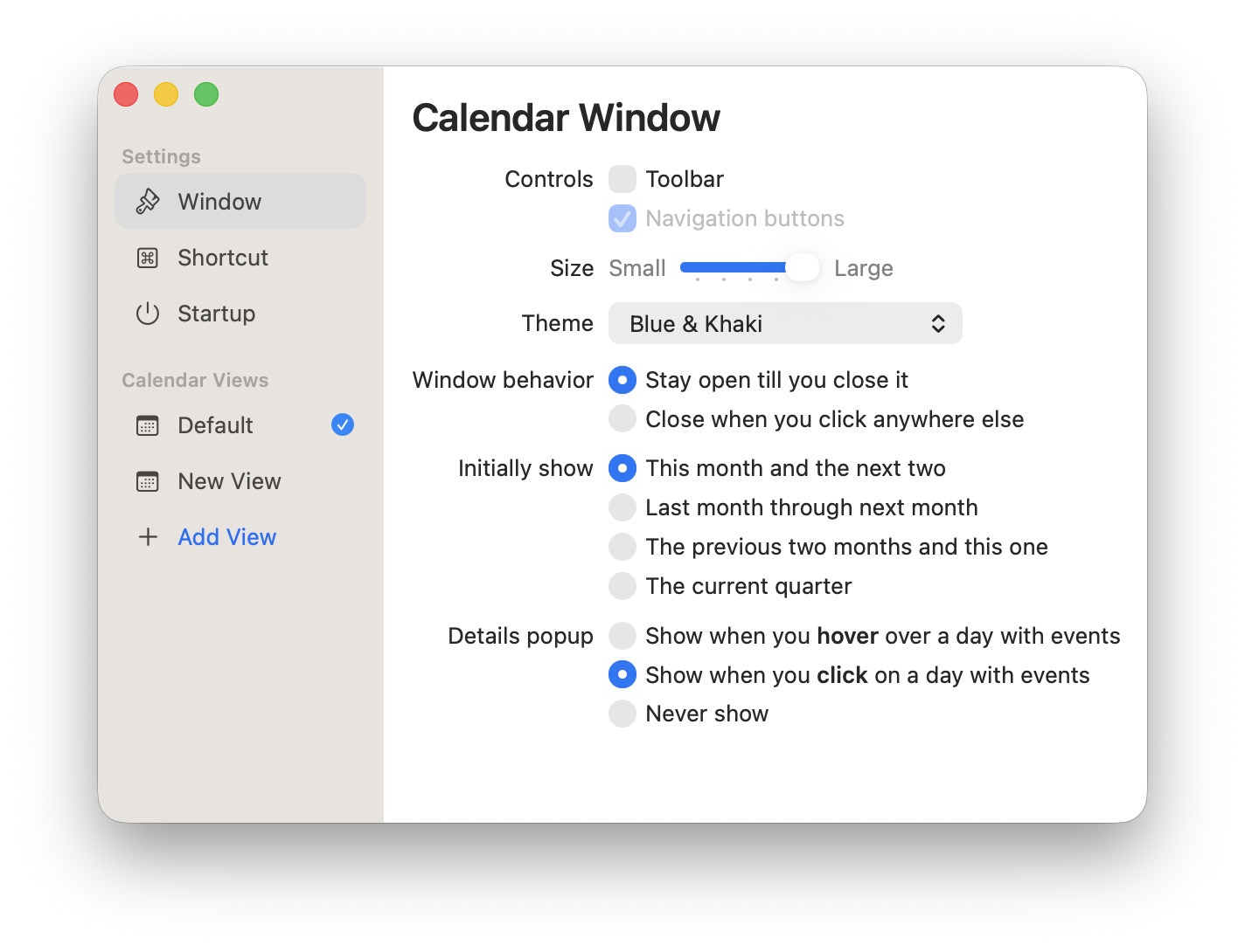 Screenshot of 3MC’s calendar window settings