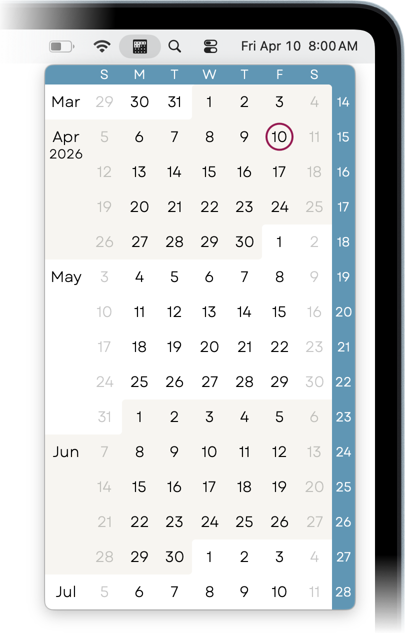 The 3MC calendar window, showing April, May, and June 2026 as a continous sequence of weeks, with various markers (colored shapes) highlighting specific dates